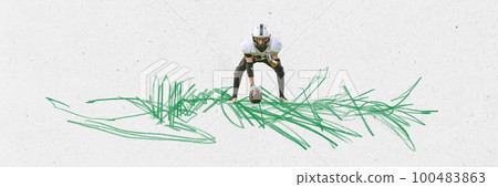 Contemporary art collage. Professional american football player during game over grey background with abstract design element. Contemporary art collage. Professional american football player during game over grey background with abstract design element. 100483863