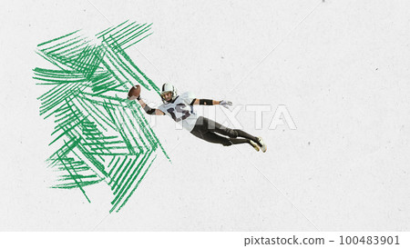 Contemporary art collage. Young male professional american football player in motion, training over grey background with abstract design element Contemporary art collage. Young male professional american football player in motion, training over grey background with abstract design element 100483901