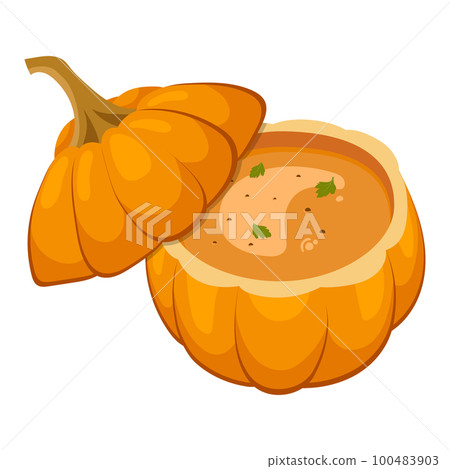 Pumpkin soup with millet, a beautiful serving in pumpkin. Vector illustration on a white background Pumpkin soup with millet, a beautiful serving in pumpkin. Vector illustration on a white background 100483903