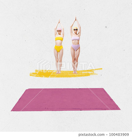 Contemporary art collage. Two girls in colorful swimming suits preparing to jump into water over grey background with abstract elements 100483909