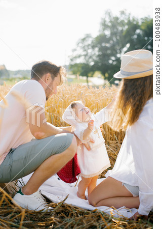A happy young family with a young son have fun in the summer in the field 100483938