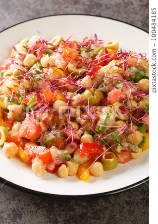 Mediterranean Chickpea Salad with Amaranth and vegetables closeup on the white plate. Vertical Mediterranean Chickpea Salad with Amaranth and vegetables closeup on the white plate. Vertical 100484185