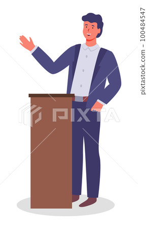 Executive man waving hand, greeting, show presentation, talking from tribune, office worker in suit Executive man waving hand, greeting, show presentation, talking from tribune, office worker in suit 100484547