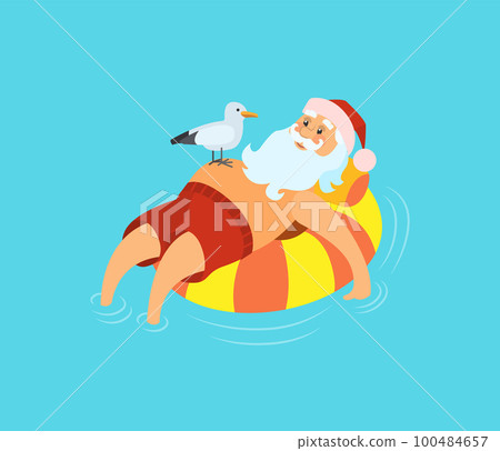 Santa Claus on Life Buoy, Seagull Sitting, Vector Santa Claus on Life Buoy, Seagull Sitting, Vector 100484657