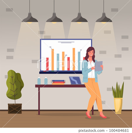 Presentation, woman show financial plan at board, using digital tablet, strategy, graphic, chart Presentation, woman show financial plan at board, using digital tablet, strategy, graphic, chart 100484681