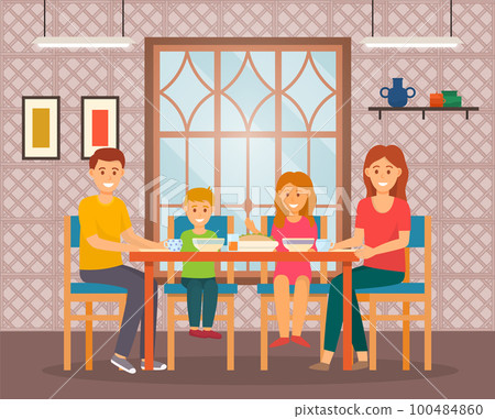 Family spend leisure time in cafe, eating, time to have breakfast or dinner, people enjoy of rest 100484860