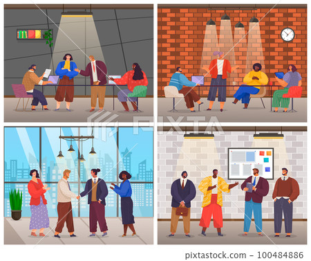 Office workers. Co-workers. Colleagues discuss project teamwork. Office staff work and communication 100484886