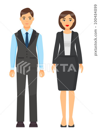 Dresscode of businesspeople, brown-haired man and woman wearing office suits or costumes, workers 100484899