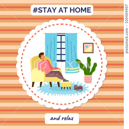 Stay at home and relax, guy sitting in armchair, quarantine self-isolation, loneliness with cat 100484997