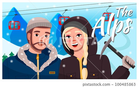 Happy in love couple travel to Alps, stand at background of ski lift, videoplayer interface Happy in love couple travel to Alps, stand at background of ski lift, videoplayer interface 100485863