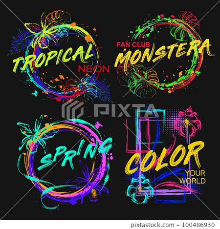 Fluorescent labels with orchids, tropical foliage Fluorescent labels with orchids, tropical foliage 100486930