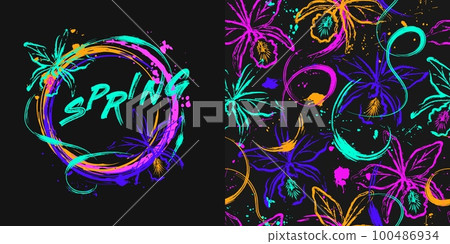 Fluorescent pattern, circle label with orchids Fluorescent pattern, circle label with orchids 100486934