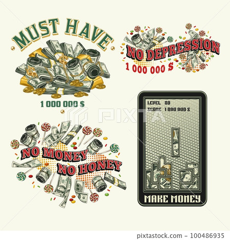Set of colorful money vintage labels with text Set of colorful money vintage labels with text 100486935