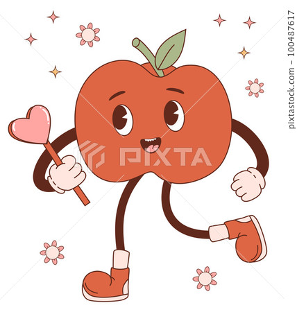 Groovy cartoon character apple. Retro vintage cute mascot fruit with heart. Vector illustration. 100487617