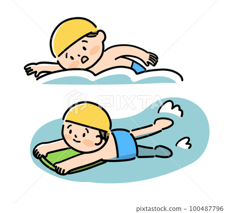 男孩在游泳池游泳,浮板爬行 男孩在游泳池游泳,浮板爬行 100487796