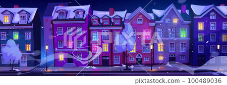 Scandinavian cartoon snow night city illustration Scandinavian cartoon snow night city illustration 100489036