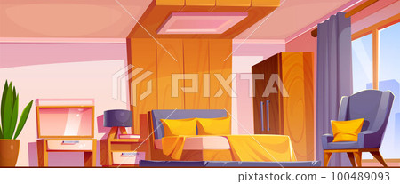 Hotel bedroom interior vector cartoon background Hotel bedroom interior vector cartoon background 100489093