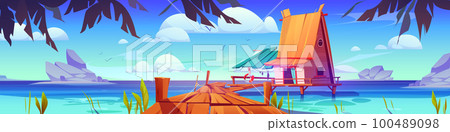 Vector house on stilt tropical sea landscape 100489098