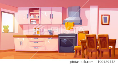 Kitchen interior with dining table, oven, hood Kitchen interior with dining table, oven, hood 100489112