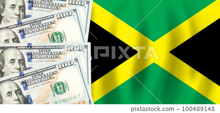 Dollars on flag of Jamaica. Jamaican finance, subsidies, social support, GDP concept Dollars on flag of Jamaica. Jamaican finance, subsidies, social support, GDP concept 100489148