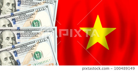 Dollars on flag of Vietnam, Vietnamese finance, subsidies, social support, GDP concept Dollars on flag of Vietnam, Vietnamese finance, subsidies, social support, GDP concept 100489149