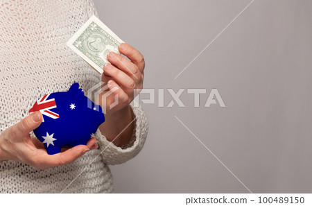 Flag of Australia on money bank in Australian woman hands. Dotations, pension fund, Flag of Australia on money bank in Australian woman hands. Dotations, pension fund, 100489150