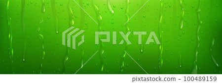 Water droplets and streams on green surface 100489159