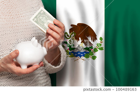 Mexican woman with money bank on the background of Mexico flag. Dotations, pension fund 100489163