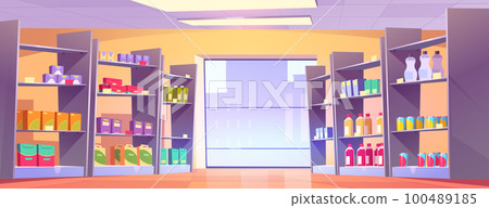 Cartoon supermarket aisle with large window 100489185