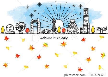 Hand drawn osaka autumn tourist destination city skyline and autumn leaves 100489329
