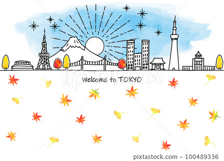 手繪東京秋季旅遊目的地城市景觀天際線和秋葉 100489336