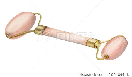 Watercolor pink quartz face massage roller. Hand drawn wellness and beauty element isolated on white background Watercolor pink quartz face massage roller. Hand drawn wellness and beauty element isolated on white background 100489448