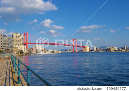 Wakamatsu Minami Kaigan Street where you can see the Wakato Ohashi Bridge in Wakamatsu Ward, Kitakyushu City 100489577