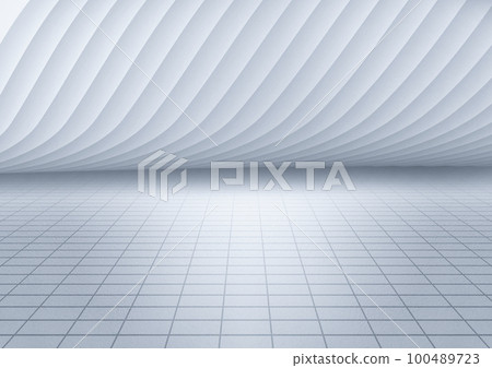 銀白色抽象建築結構與網格地面空間3D渲染 100489723