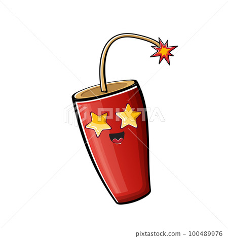 Cartoon burning dynamite characters isolated on white background. Funky red dynamite character with eyes and mouth. Vector bomb clip art, emoji, label and sticker 100489976