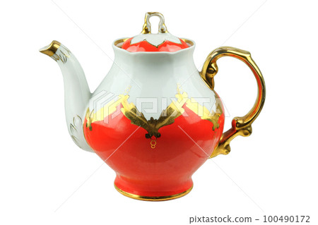 Porcelain teapot isolated on a white background. Tea pot with patterns. Porcelain teapot isolated on a white background. Tea pot with patterns. 100490172