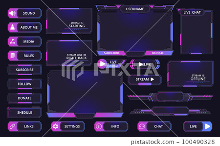 Game streaming interface elements. Gaming frames, bars and buttons, mmo game menu elements flat vector illustration set. Futuristic game stream dashboard icons Game streaming interface elements. Gaming frames, bars and buttons, mmo game menu elements flat vector illustration set. Futuristic game stream dashboard icons 100490328