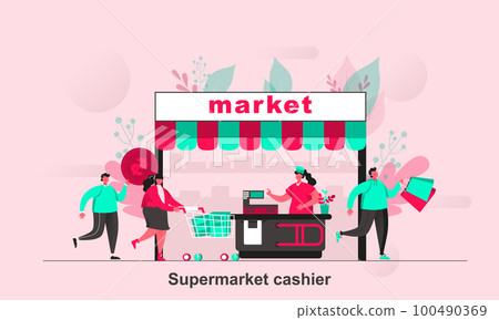 Supermarket cashier web concept in flat style. Supermarket buyers and cashier behind counter with cash register scene visualization. Vector illustration with tiny people characters in life situation. 100490369
