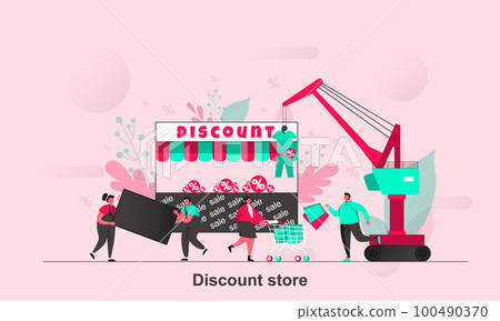 Discount store web concept design in flat style. Happy customers with purchases scene visualization. Sales in discount department store. Vector illustration with tiny people characters in situation. Discount store web concept design in flat style. Happy customers with purchases scene visualization. Sales in discount department store. Vector illustration with tiny people characters in situation. 100490370