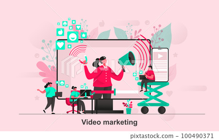 Video marketing web concept design in flat style. Online advertising and promotion scene visualization. Video streaming and vlogging. Vector illustration with tiny people characters in life situation. 100490371