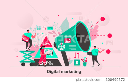 Digital marketing web concept design in flat style. Social media marketing specialist scene visualization. Advertising and promotion. Vector illustration with tiny people characters in life situation. Digital marketing web concept design in flat style. Social media marketing specialist scene visualization. Advertising and promotion. Vector illustration with tiny people characters in life situation. 100490372