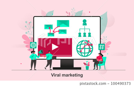 Viral marketing web concept design in flat style. Spreading marketing message about valuable product or service scene visualization. Vector illustration with tiny people characters in life situation. Viral marketing web concept design in flat style. Spreading marketing message about valuable product or service scene visualization. Vector illustration with tiny people characters in life situation. 100490373