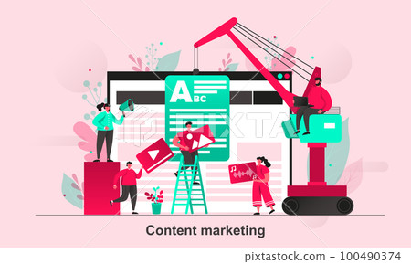 Content marketing web concept in flat style. Content managers work with media information scene visualization. Copywriting and rewriting. Vector illustration with tiny people characters in situation. 100490374