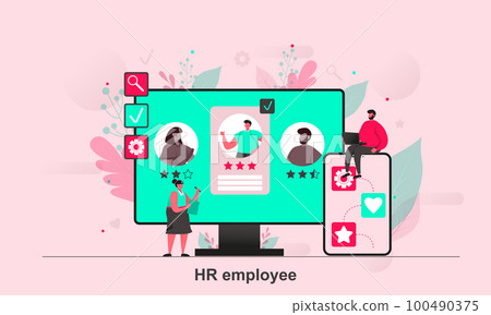 HR employee web design in flat style. headhunter or recruiter study candidates scene visualization. Personnel hiring and employment. Vector illustration with tiny people characters in life situation 100490375
