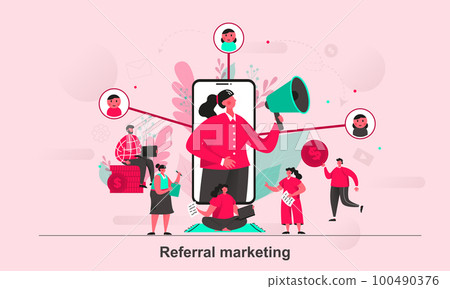 Referral marketing web concept design in flat style. People share info about referral program. Refer a friends scene visualization. Vector illustration with tiny people characters in life situation. Referral marketing web concept design in flat style. People share info about referral program. Refer a friends scene visualization. Vector illustration with tiny people characters in life situation. 100490376