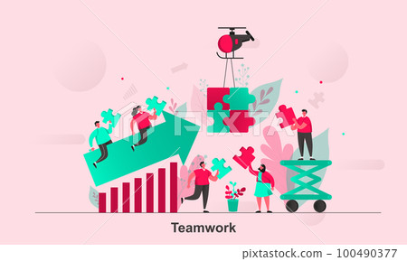Teamwork web concept design in flat style. Team members holding puzzle pieces scene visualization. Partnership and collaboration metaphor. Vector illustration with tiny people characters in situation. Teamwork web concept design in flat style. Team members holding puzzle pieces scene visualization. Partnership and collaboration metaphor. Vector illustration with tiny people characters in situation. 100490377
