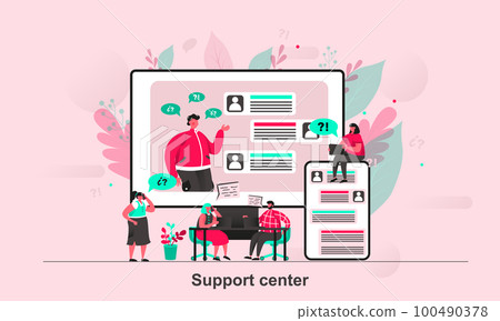 Support center web concept design in flat style. Online assistance and consultation. Customers support service scene visualization. Vector illustration with tiny people characters in life situation. Support center web concept design in flat style. Online assistance and consultation. Customers support service scene visualization. Vector illustration with tiny people characters in life situation. 100490378