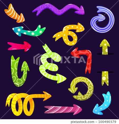 Set of quirky arrows isolated on background. Retro comic spiral shape pointer for app ui design. Arrows abstract creative design shapes. Set of quirky arrows isolated on background. Retro comic spiral shape pointer for app ui design. Arrows abstract creative design shapes. 100490379