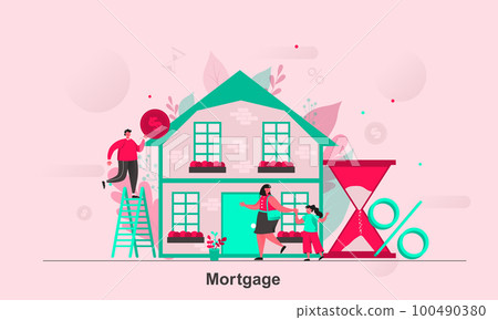 Mortgage web concept design in flat style. Purchasers of real property scene visualization. Mortgage insurance for home loan service. Vector illustration with tiny people characters in life situation. Mortgage web concept design in flat style. Purchasers of real property scene visualization. Mortgage insurance for home loan service. Vector illustration with tiny people characters in life situation. 100490380