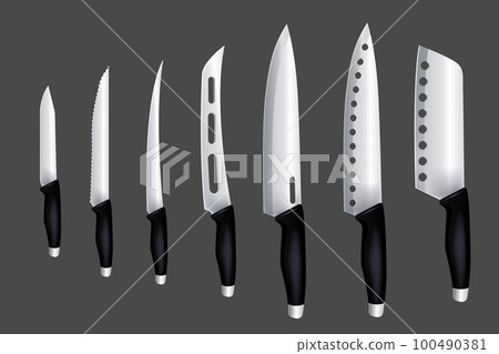 Kitchen knives hanging set isolated. meat chef cutting hatchet, cooking cutlery types. Sharp blade cooking tool for kitchen, folding combat knife, kitchenware for cutting of stainless steel Kitchen knives hanging set isolated. meat chef cutting hatchet, cooking cutlery types. Sharp blade cooking tool for kitchen, folding combat knife, kitchenware for cutting of stainless steel 100490381